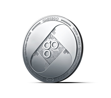 Silver OMISEGO OMG coin isolated on white background. 3D rendering (new virtual money)の写真素材
