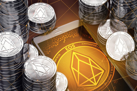Smartphone with orange EOS symbol on-screen among silver EOS coins. EOS concept coin & virtual wallet. 3D renderingの写真素材