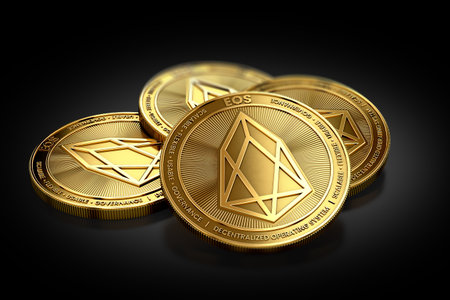 Stack of four golden EOS coins laying on the black background. 3D renderingの写真素材