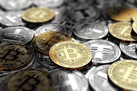 Several Bitcoins laying on stack of silver Tether coins. Bitcoin connection to Tether concept. 3D renderingの写真素材