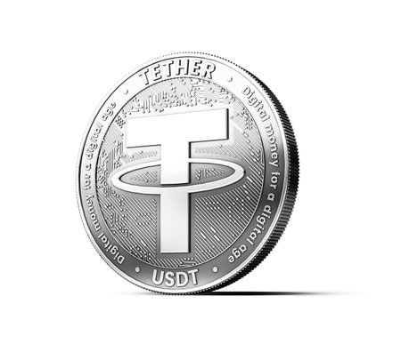 Silver Tether (USDT) coin isolated on white background. Concept coin. 3D renderingの写真素材
