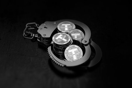 Piles of silver Tether coins in handcuffs as becomes very untrustworthy and shady concept. 3D renderingの写真素材