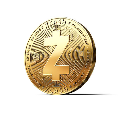 Golden Zcash ZEC cryptocurrency physical concept coin isolated on white background. 3D renderingの写真素材