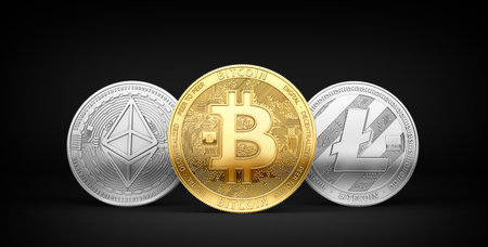 Bitcoin, Litecoin and Ethereum - three most popular cryptocurrencies isolated on black background. 3D renderingの写真素材