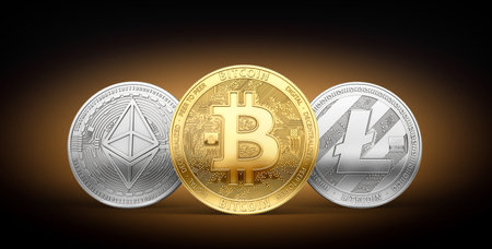 Bitcoin, Litecoin and Ethereum - three most popular cryptocurrencies concept. 3D renderingの写真素材