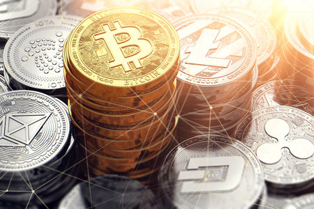 Golden Bitcoin pile and other cryptocurrencies surrounded with blockchain nodes. 3D renderingの写真素材