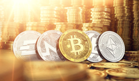 Bitcoin and Dash, Ripple, Monero, Litecoin in blurry closeup against piles of golden coins. Cryptocurrency meaning on market growth concept. 3D renderingの写真素材