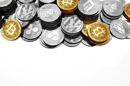 Copy space below stack and piles of Bitcoin and other different cryptocurrencies isolated on white background. 3D renderingの写真素材