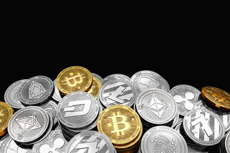 Stack and piles of Bitcoin and other different cryptocurrencies isolated on black background with copy space above. 3D renderingの写真素材