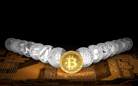 Golden Bitcoin on the front and 14 other cryptocurrencies standing on orange circuit board. Bitcoin as the leader having the highest value concept. 3D renderingの写真素材