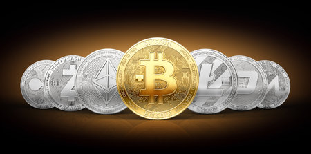Set of 7 different cryptocurrencies and a golden bitcoin on the front as the most known cryptocurrency. 3D renderingの写真素材