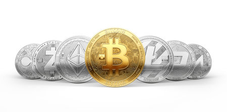 Set of 7 different cryptocurrencies and a golden bitcoin on the front isolated on white background. 3D renderingの写真素材