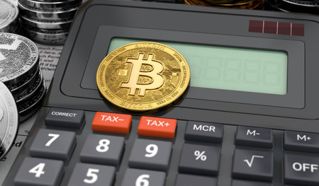 Calculator and bitcoins - cryptocurrency profit income tax concept. 3D renderingの写真素材