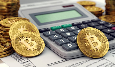 Bitcoin coins against calculator and tax forms. Tax preparation from profits from cryptocurrencies. 3D renderingの写真素材