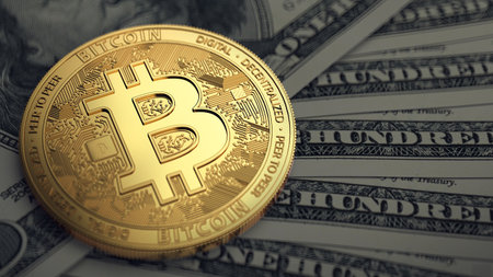 Golden Bitcoin on a dollar bills in blurry closeup. Paying taxes on bitcoin investments. 3D renderingの写真素材