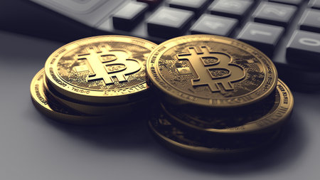Piles of Bitcoin and calculator in blurry closeup. Fees and taxes on cryptocurrency investments. 3D renderingの写真素材