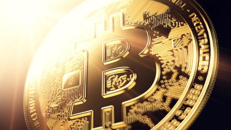 Bitcoin in blurry close-up shot. 3D renderingの写真素材