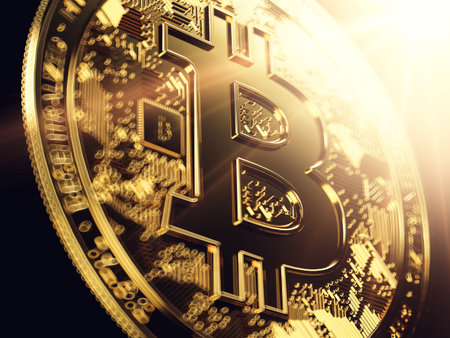 Bitcoin in blurry close-up with bright star burst flare. 3D renderingの写真素材