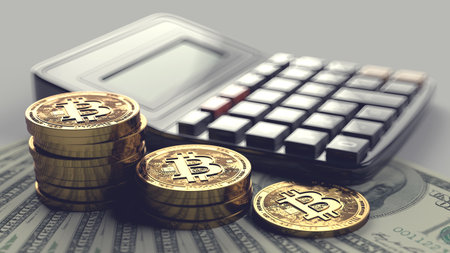 Piles of Bitcoin laying on dollar bills and calculator in background. Cryptocurrencies fees and taxes. 3D renderingの写真素材