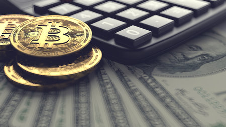 Bitcoin pile and calculator laying on dollar bills. Fees and taxes for cryptocurrencies investments concept. 3D renderingの写真素材