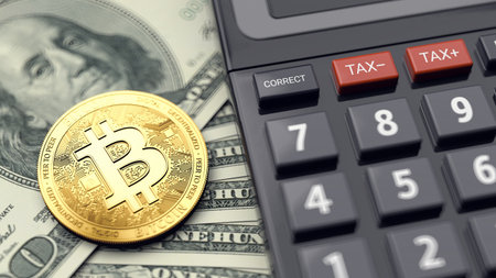 Bitcoin, dollars and calculator. Calculating fees on bitcoin transactions. 3D renderingの写真素材