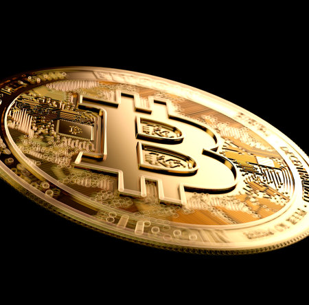 Bitcoin in blurry close-up on black background with copy space above and below it. 3D renderingの写真素材