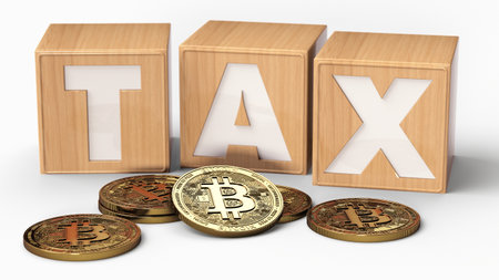 Wooden blocks with TAX letters on them and Bitcoin coins. Isolated 3D renderingの写真素材