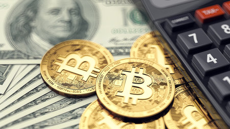 Stack of Bitcoin coins, dollar bills and calculator. Paying taxes on bitcoin investments. 3D renderingの写真素材