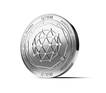 Silver QTUM coin isolated on white background. Concept coin. 3D renderingの写真素材
