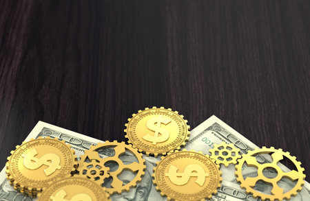 Dollar coins in the guise of cog as a part of bigger machine laying on dollar bill. Copy space on wooden desk with place for text above. World economy concept. 3D renderingの写真素材