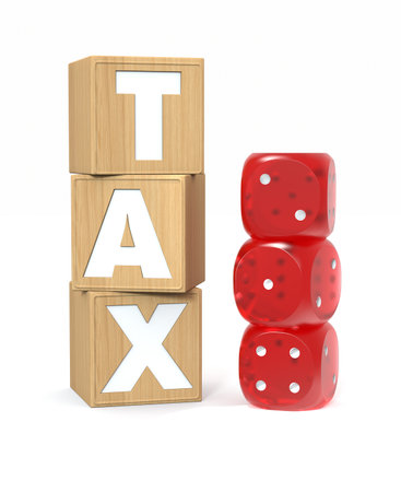Wooden blocks with TAX letters and gambling dices. Taxes as a lottery concept. 3D renderingの写真素材