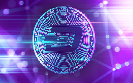 Neon glowing Dash coin in Ultra Violet colors with cryptocurrency blockchain nodes in blurry background. 3D renderingの写真素材