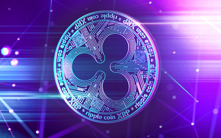 Neon glowing Ripple (XRP) coin in Ultra Violet colors with cryptocurrency blockchain nodes in blurry background. 3D renderingの写真素材