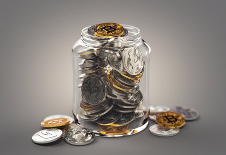 Different cryptocurrencies in a jar. Storing virtual savings concept. Realistic 3D renderingの写真素材