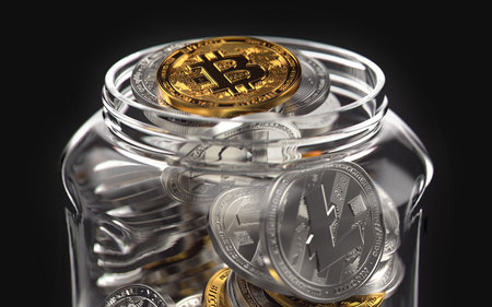 Jar full of cryptocurrencies. Bad habits in storing cryptocurrencies and virtual assets. 3D renderingの写真素材