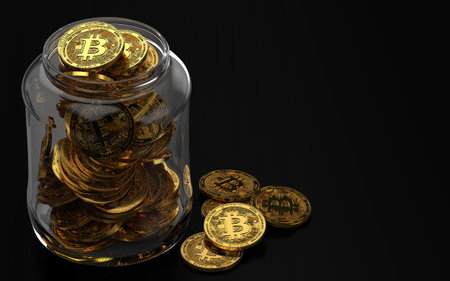 Bitcoin in glass jar as a bad way of keeping cryptocurrencies safe concept. Isolated on black background. 3D renderingの写真素材