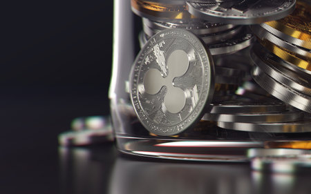 Ripple coin stored in a jar as a frozen assets concept. 3D renderingの写真素材