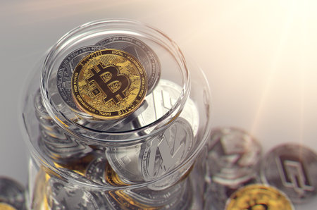 Jar full of cryptocurrencies with golden Bitcoin on the top and sun rays. Virtual wallet creative concept. Realistic 3D renderingの写真素材