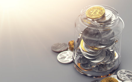 Jar full of different cryptocurrencies. Cryptocurrency portfolio concept. Realistic 3D renderingの写真素材