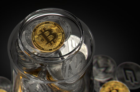 Glass jar full of different cryptocurrencies with golden Bitcoin on the top. Keeping cryptocurrencies safe concept. Realistic 3D renderingの写真素材