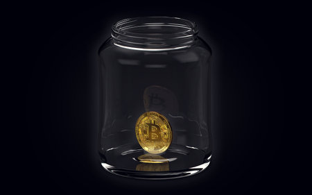 One golden bitcoin in a jar on black background. Holding and waiting concept. 3D renderingの写真素材