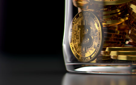 Storing Bitcoins in jar as a frozen assets concept. 3D renderingの写真素材