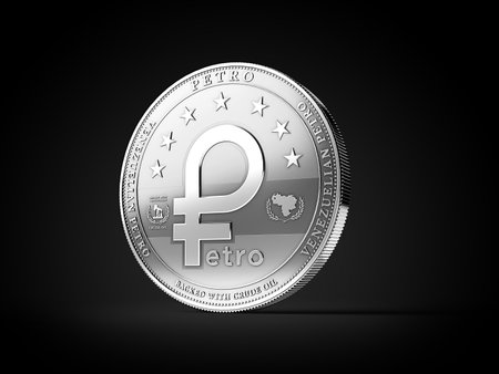 Silver Venezuelan Petro, the oil backed cryptocurrency coin, isolated on black background. 3D renderingの写真素材