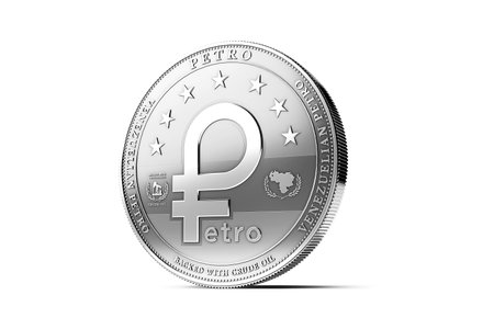 Silver Venezuelan Petro, the oil backed cryptocurrency coin, isolated on white background. 3D renderingの写真素材