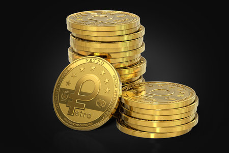 Stack of golden Venezuelan Petro, the oil backed cryptocurrency coin, isolated on black background. 3D renderingの写真素材