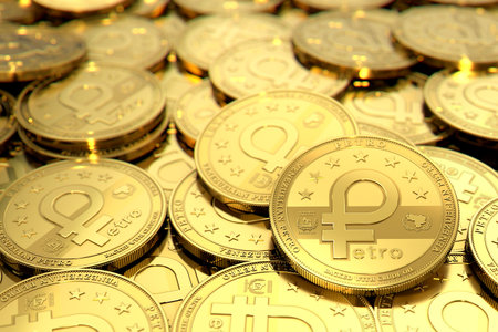 Stack of golden Venezuelan PETRO cryptocurrency concept coins. 3D renderingの写真素材