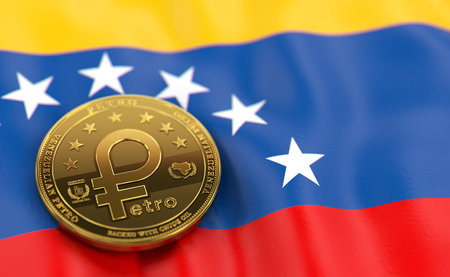 Golden Petro concept coin on Venezuelan flag. Petro - the cryptocurrency of Venezuela concept. 3D Renderingの写真素材