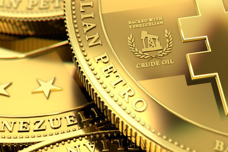 Close up shot on Venezuelan PETRO cryptocurrency concept coins. Backed with crude oil sign close up, as Petro is backed with oil. 3D renderingの写真素材