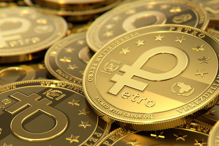 Stack of golden Venezuelan PETRO cryptocurrency concept coins. 3D renderingの写真素材