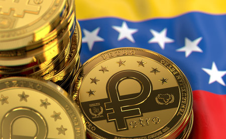 Stack of Petro concept coins on Venezuelan flag. Situation of Petro the cryptocurrency of Venezuela concept. 3D Renderingの写真素材